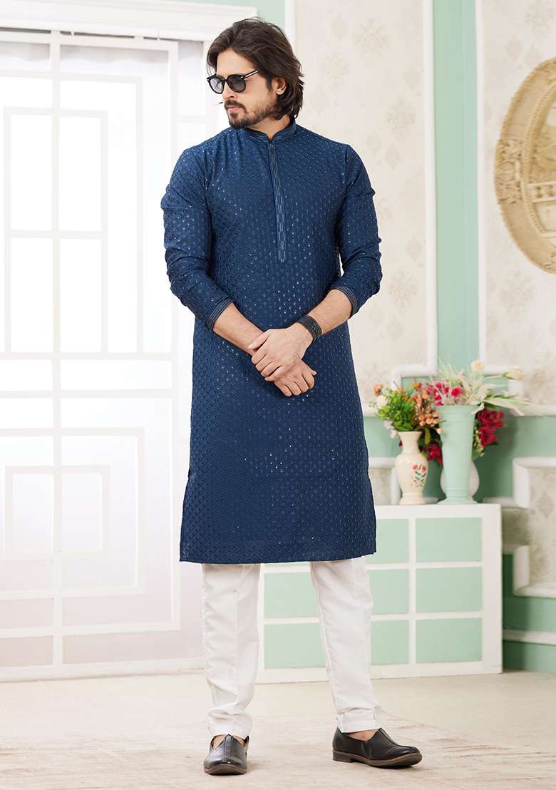 Teal Blue Embroidered Art Silk Kurta Set For Men - Indya