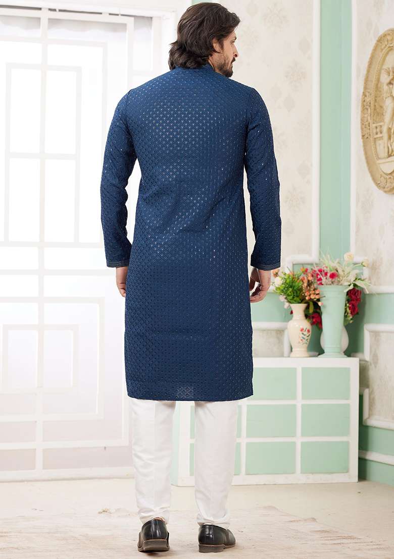 Teal Blue Embroidered Art Silk Kurta Set For Men - Indya