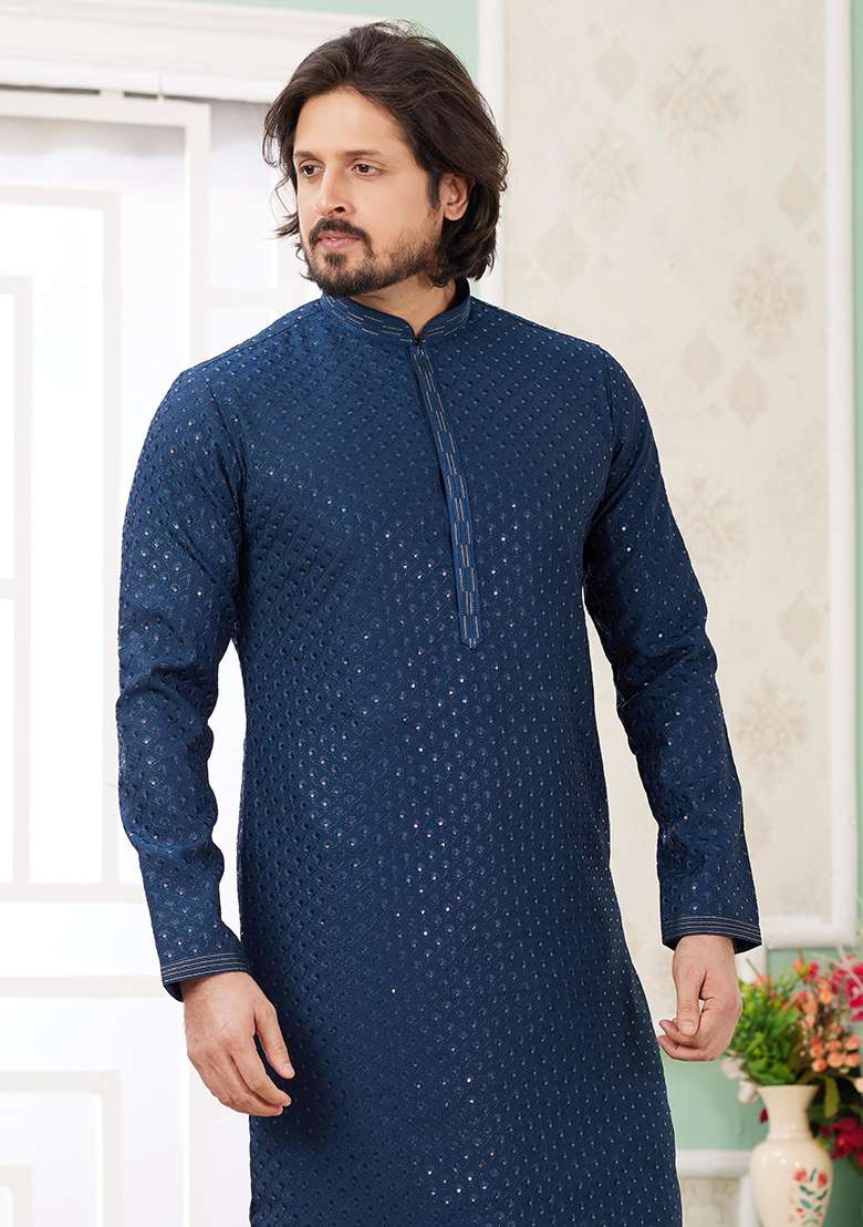 Teal Blue Embroidered Art Silk Kurta Set For Men - Indya