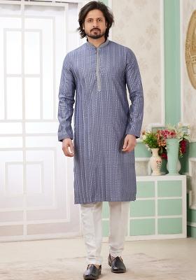 Blue Embroidered Art Silk Kurta Set For Men