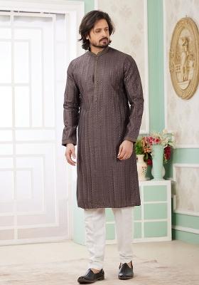Brown Embroidered Art Silk Kurta Set For Men