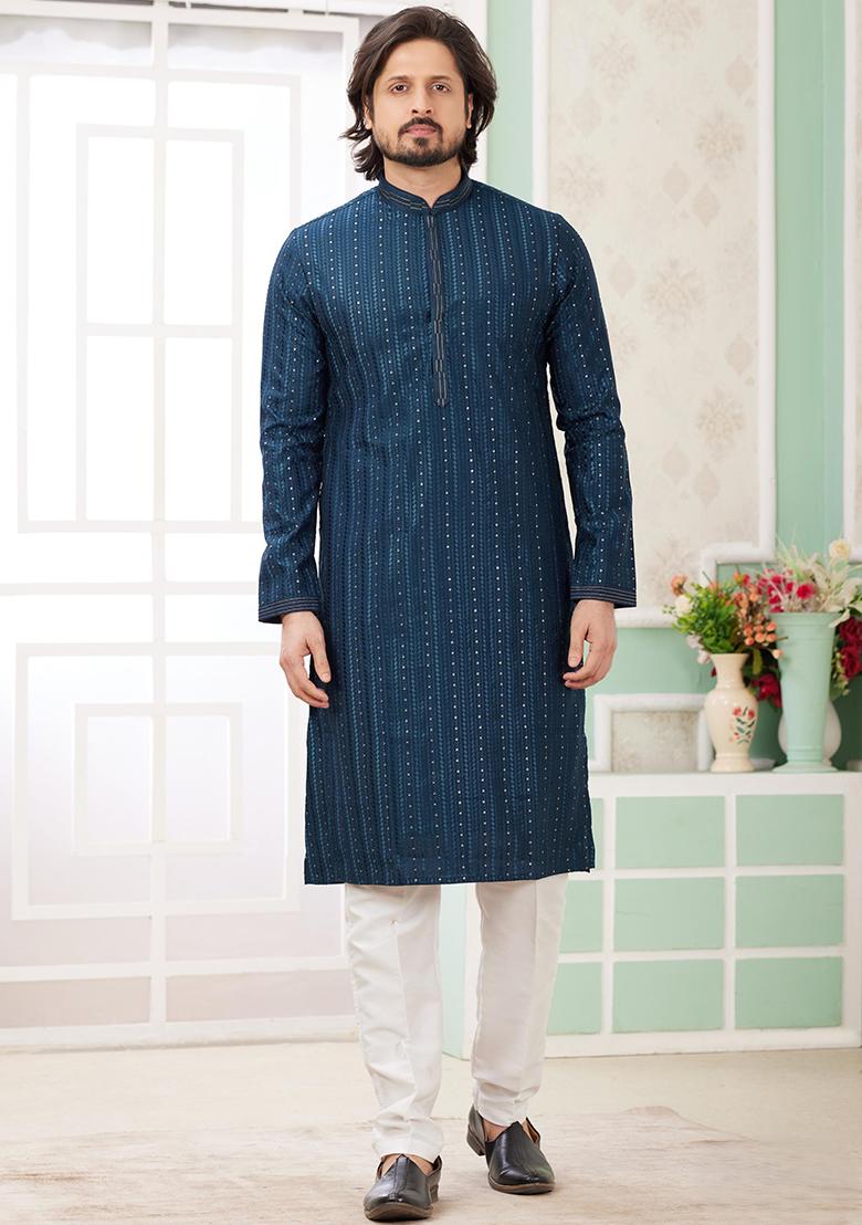 Teal Green Embroidered Art Silk Kurta Set For Men