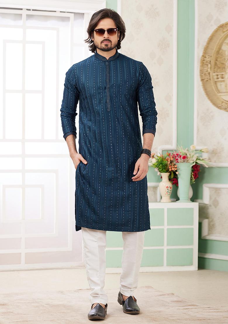 Teal Green Embroidered Art Silk Kurta Set For Men