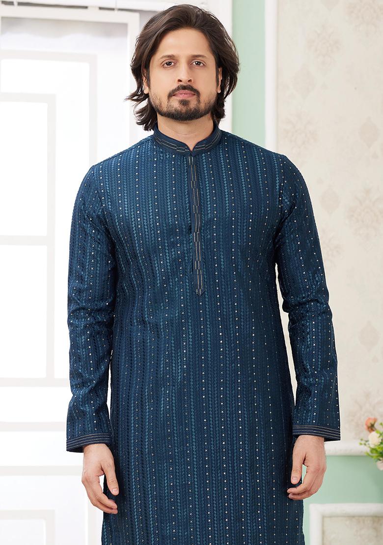 Teal Green Embroidered Art Silk Kurta Set For Men