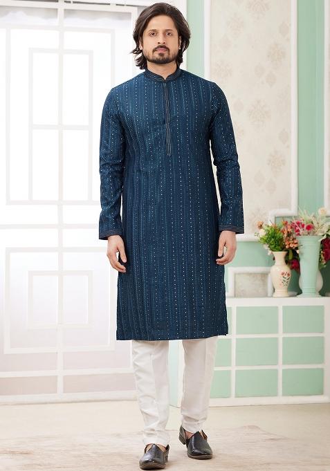 Teal Green Embroidered Art Silk Kurta Set For Men