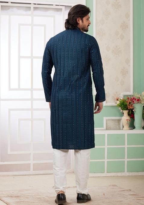 Teal Green Embroidered Art Silk Kurta Set For Men