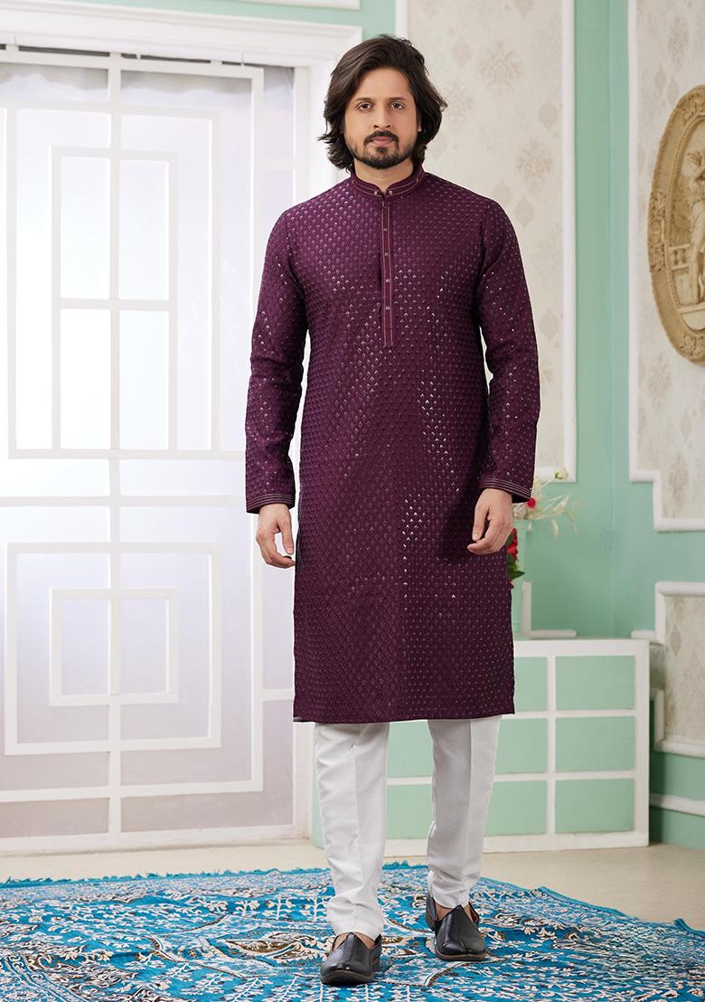 Wine Embroidered Art Silk Kurta Set For Men