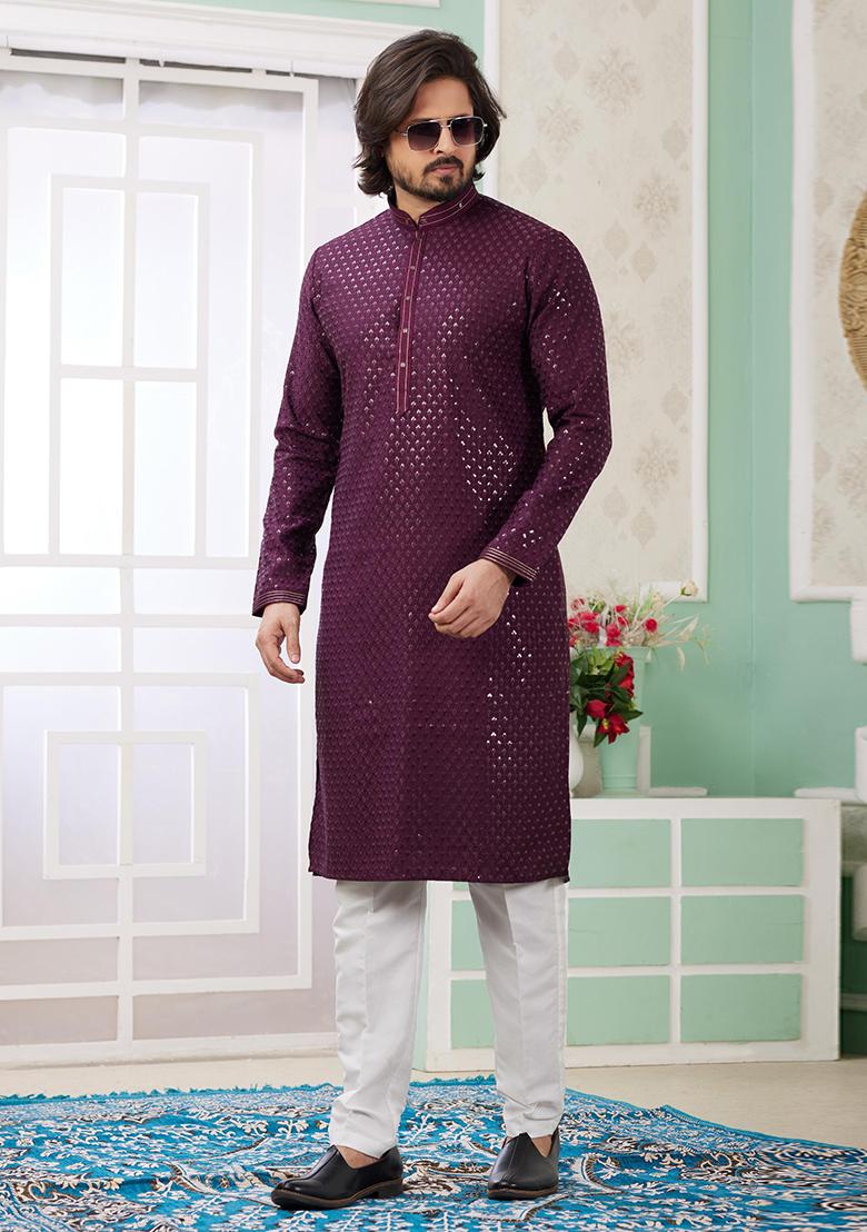 Wine Embroidered Art Silk Kurta Set For Men