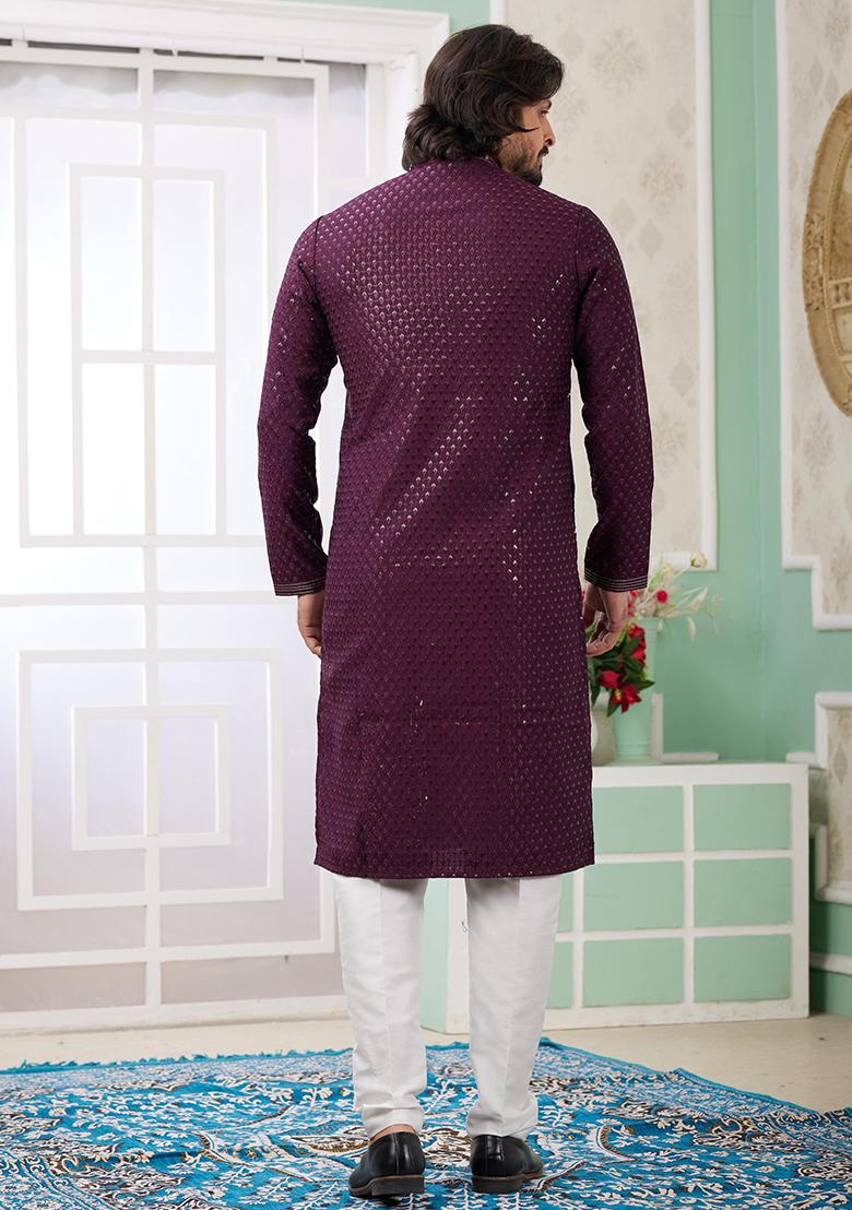 Wine Embroidered Art Silk Kurta Set For Men