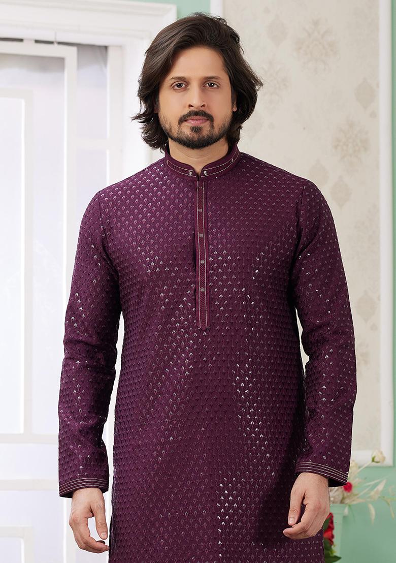 Wine Embroidered Art Silk Kurta Set For Men