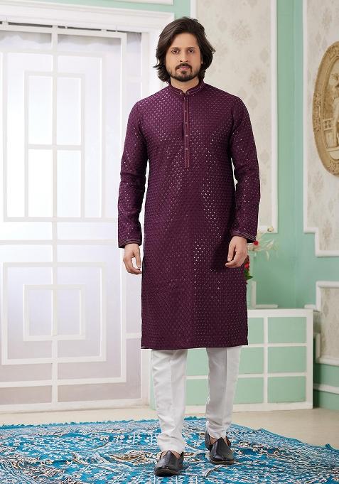 Wine Embroidered Art Silk Kurta Set For Men