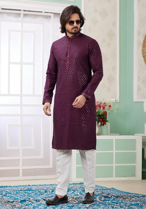 Wine Embroidered Art Silk Kurta Set For Men