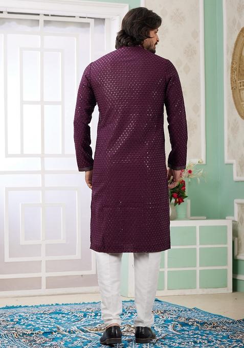 Wine Embroidered Art Silk Kurta Set For Men