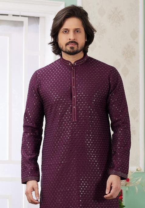 Wine Embroidered Art Silk Kurta Set For Men