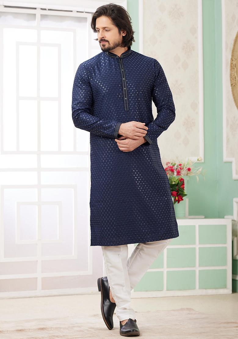 Blue Embroidered Art Silk Kurta Set For Men - Indya