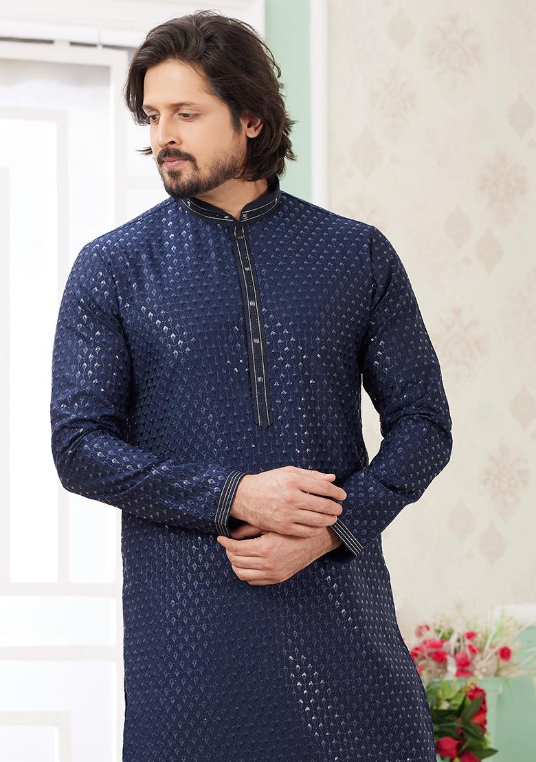 Blue Embroidered Art Silk Kurta Set For Men - Indya