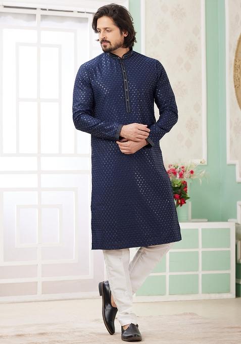 Blue Embroidered Art Silk Kurta Set For Men — view on Indya