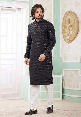 Black Embroidered Art Silk Kurta Set For Men