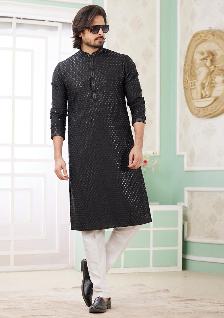 Black Embroidered Art Silk Kurta Set For Men - Indya