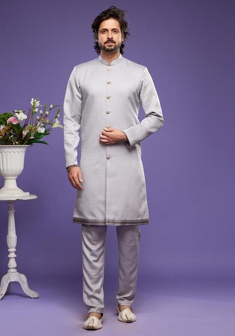 Grey Embroidered Art Silk Kurta Set For Men — view on Indya