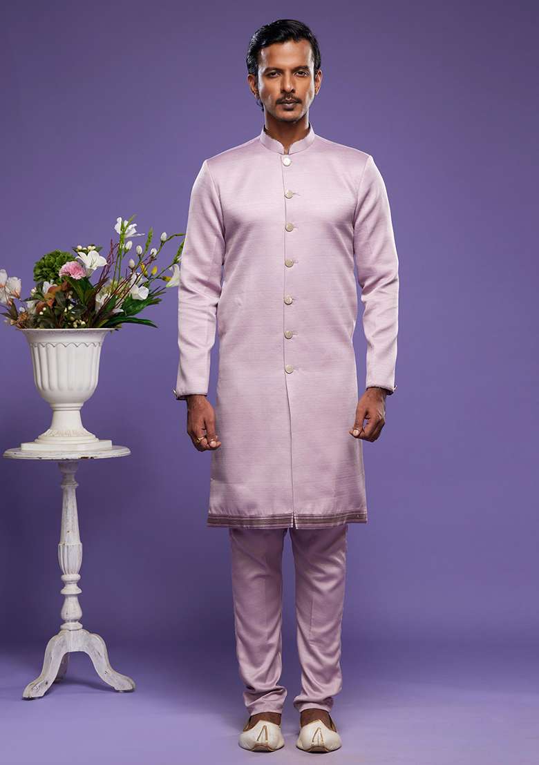 Onion Embroidered Art Silk Kurta Set For Men - Indya
