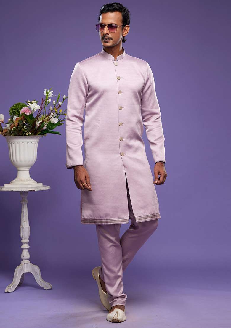 Onion Embroidered Art Silk Kurta Set For Men - Indya
