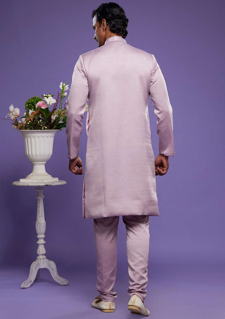 Onion Embroidered Art Silk Kurta Set For Men - Indya