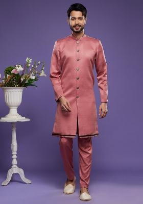 Red Embroidered Art Silk Kurta Set For Men