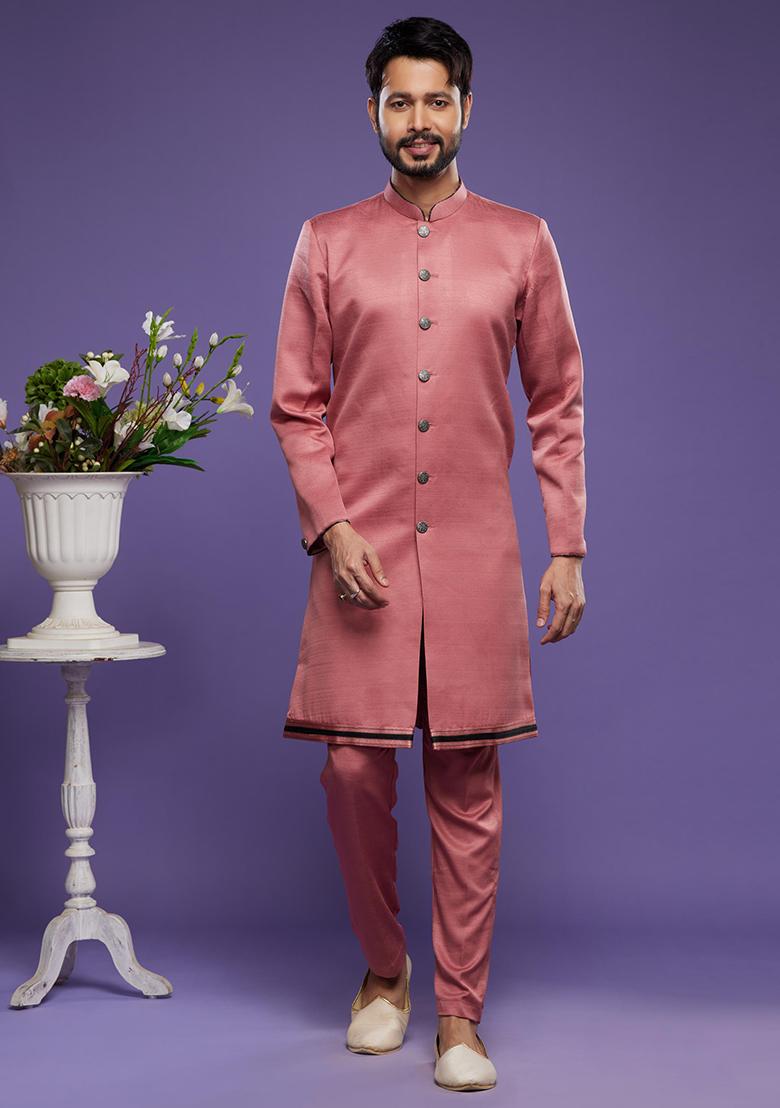 Red Embroidered Art Silk Kurta Set For Men