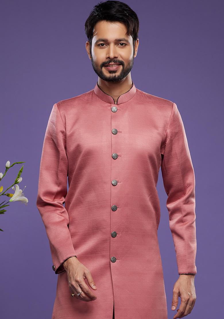 Red Embroidered Art Silk Kurta Set For Men
