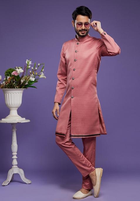Red Embroidered Art Silk Kurta Set For Men