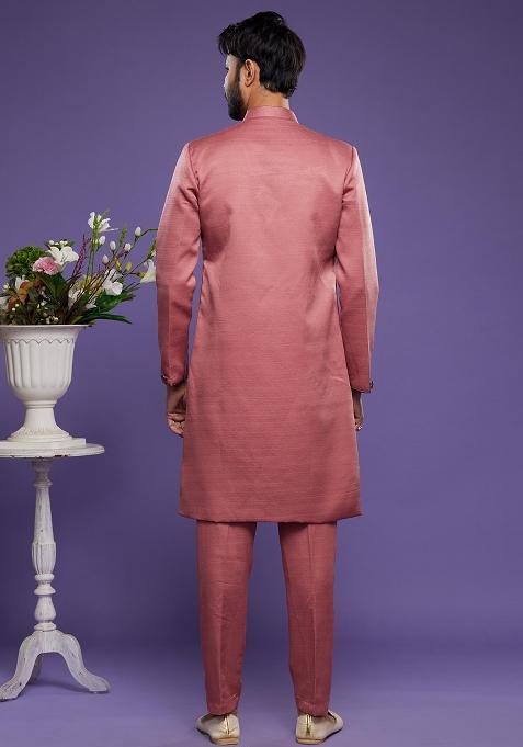 Red Embroidered Art Silk Kurta Set For Men