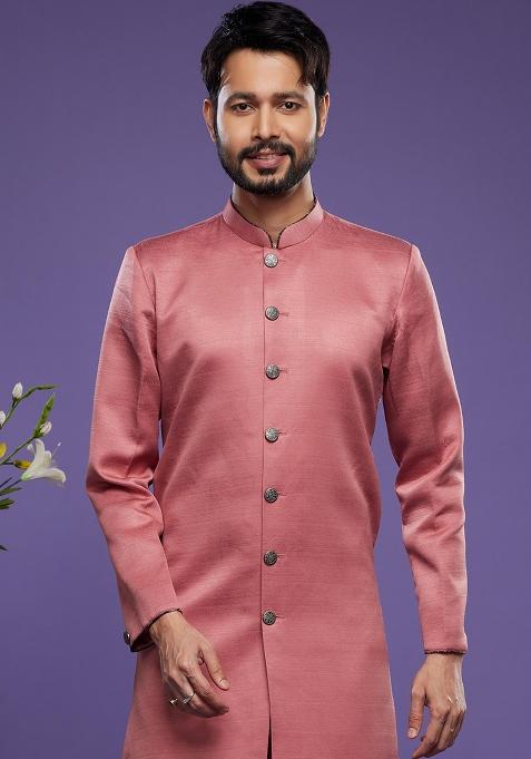 Red Embroidered Art Silk Kurta Set For Men