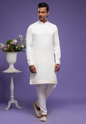 Cream Embroidered Art Silk Kurta Set For Men