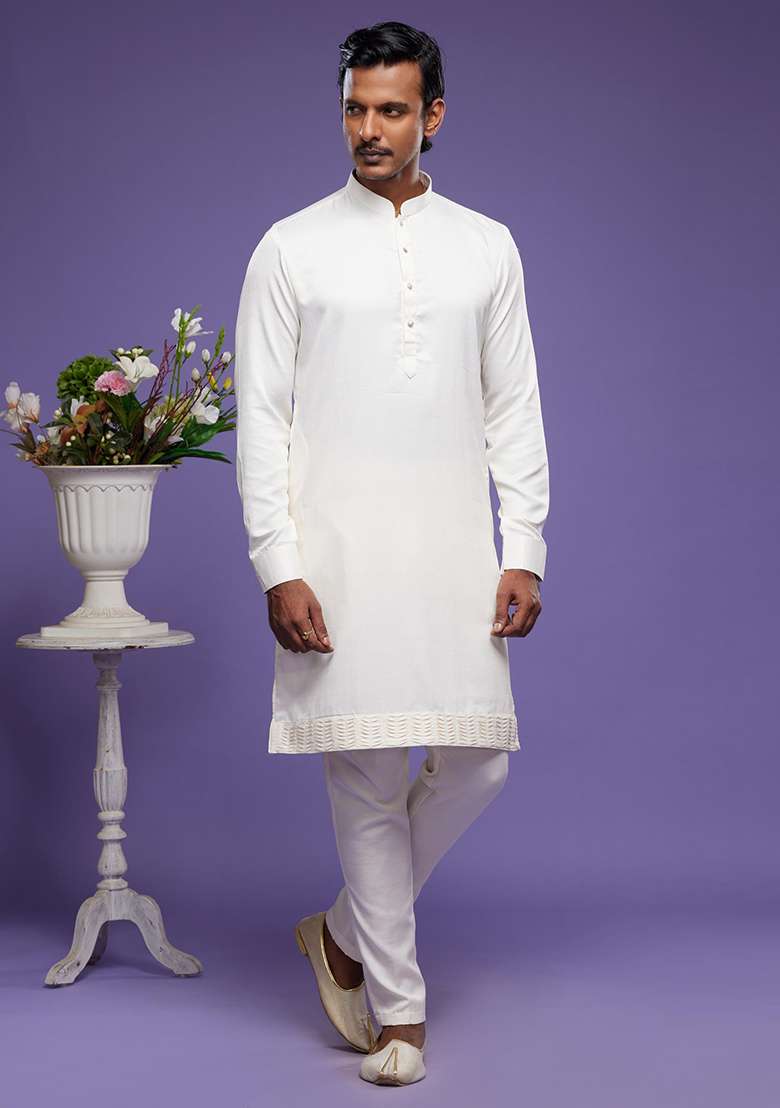 Cream Embroidered Art Silk Kurta Set For Men - Indya