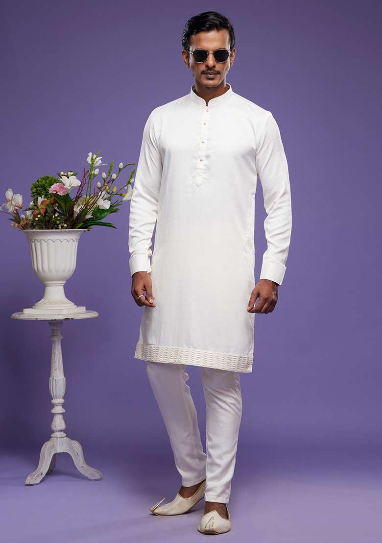 Cream Embroidered Art Silk Kurta Set For Men - Indya