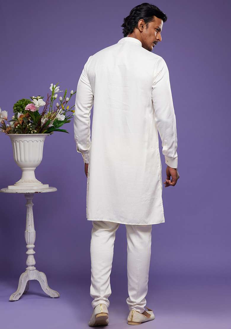 Cream Embroidered Art Silk Kurta Set For Men - Indya
