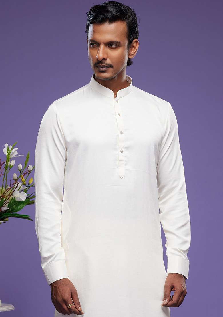 Cream Embroidered Art Silk Kurta Set For Men - Indya