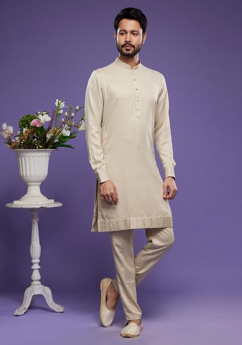 Beige Embroidered Art Silk Kurta Set For Men — view on Indya