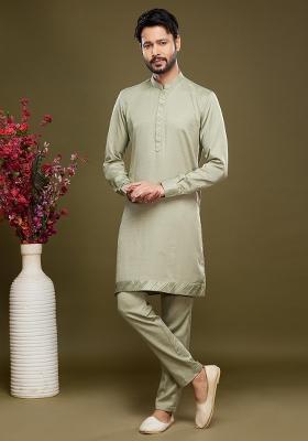 Pista Embroidered Art Silk Kurta Set For Men
