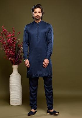 Blue Embroidered Art Silk Kurta Set For Men