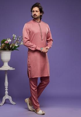 Red Embroidered Art Silk Kurta Set For Men