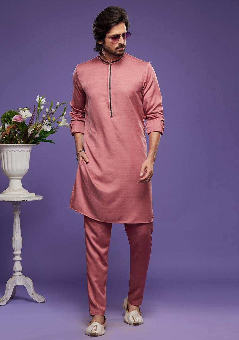 Red Embroidered Art Silk Kurta Set For Men