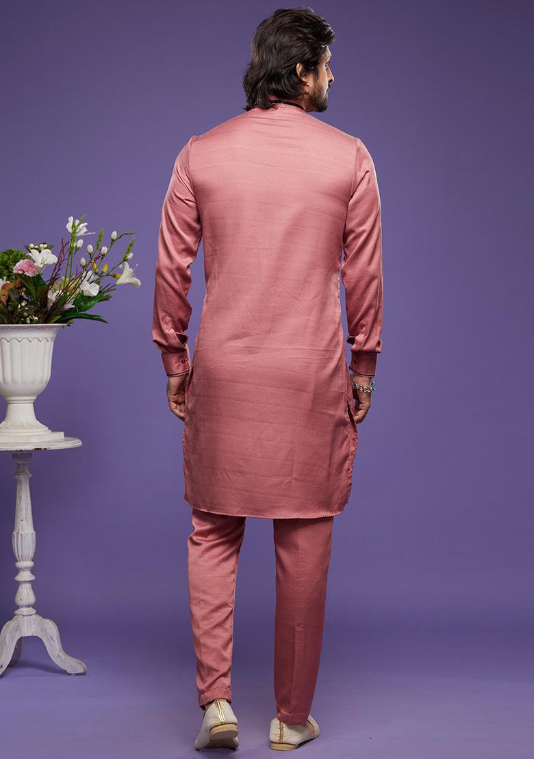 Red Embroidered Art Silk Kurta Set For Men