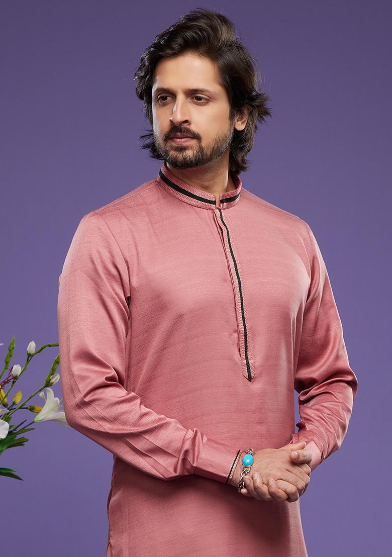 Red Embroidered Art Silk Kurta Set For Men