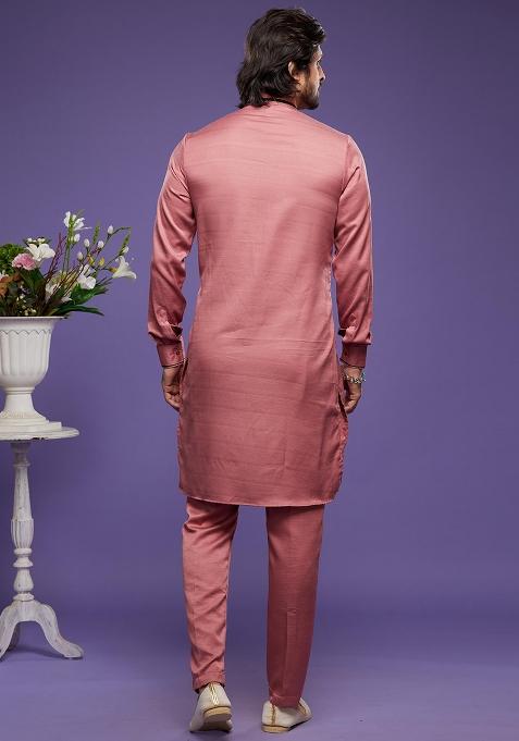 Red Embroidered Art Silk Kurta Set For Men