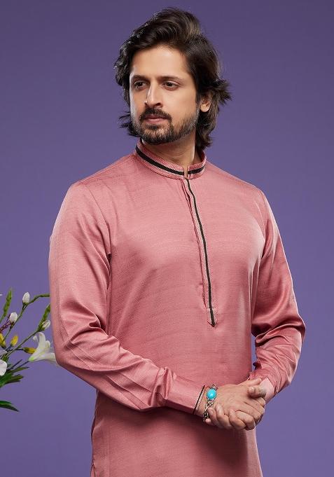 Red Embroidered Art Silk Kurta Set For Men