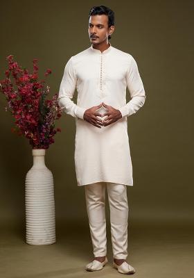 Cream Embroidered Art Silk Kurta Set For Men