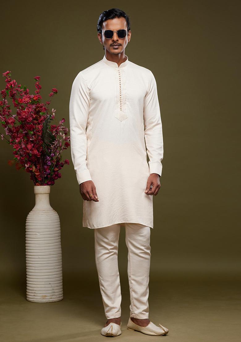 Cream Embroidered Art Silk Kurta Set For Men - Indya