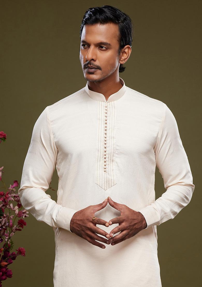 Cream Embroidered Art Silk Kurta Set For Men - Indya
